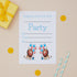 Party Lions Childrens ready to write birthday invites. Party invitation card with cartoon lions and balloons on a beige background with a gift and straws.