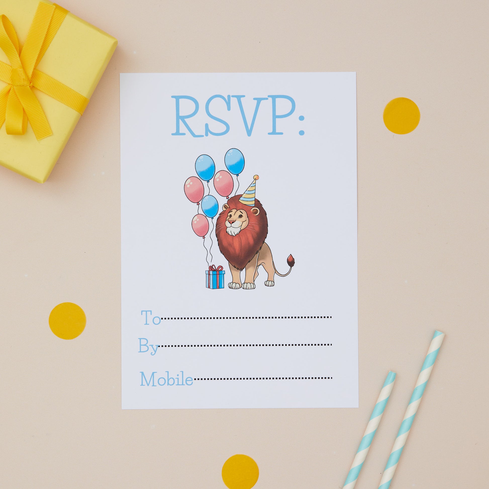 Party Lions Childrens ready to write birthday invites. RSVP card with a lion and balloons design on a beige background with a gift and straws.