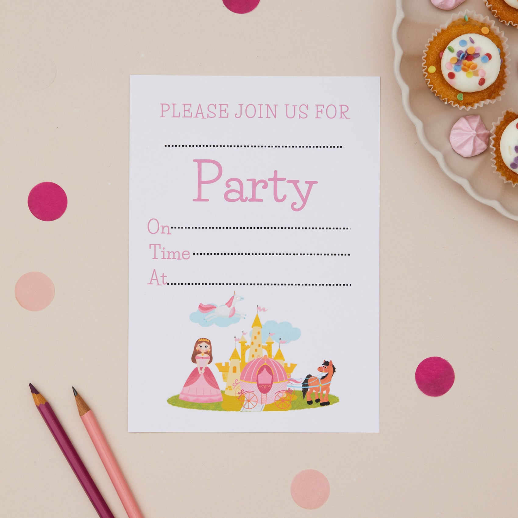 Party Princess Childrens ready to write birthday invites. Party invitation card with princess and castle illustration on a beige background with cupcakes and polka dots.