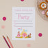 Party Princess Childrens ready to write birthday invites. Party invitation card with princess and castle illustration on a beige background with cupcakes and polka dots.