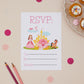 Party Princess Childrens ready to write birthday invites RSVP. Princess-themed RSVP card with castle and carriage illustration on a beige background with cupcakes and pencils.