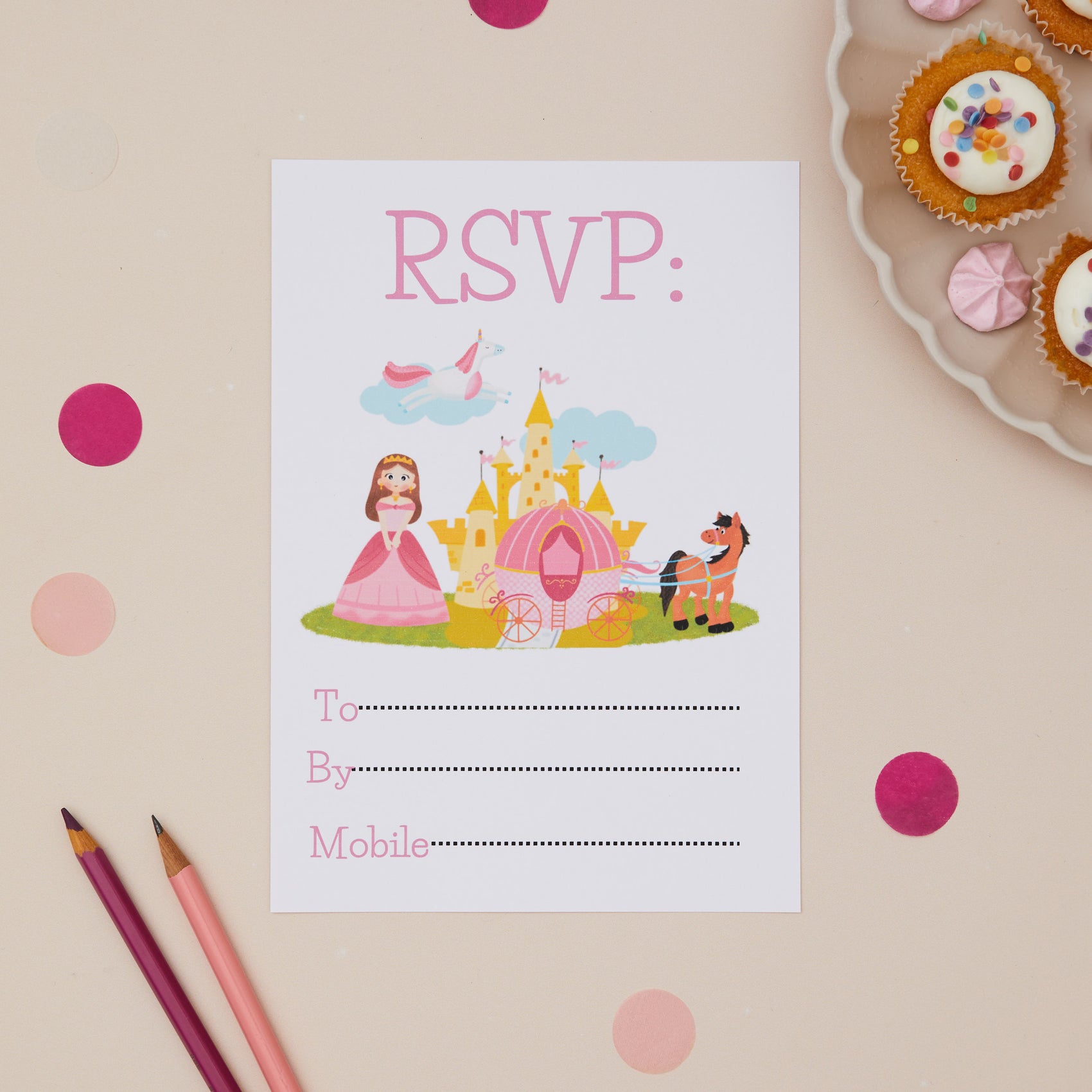 Party Princess Childrens ready to write birthday invites RSVP. Princess-themed RSVP card with castle and carriage illustration on a beige background with cupcakes and pencils.