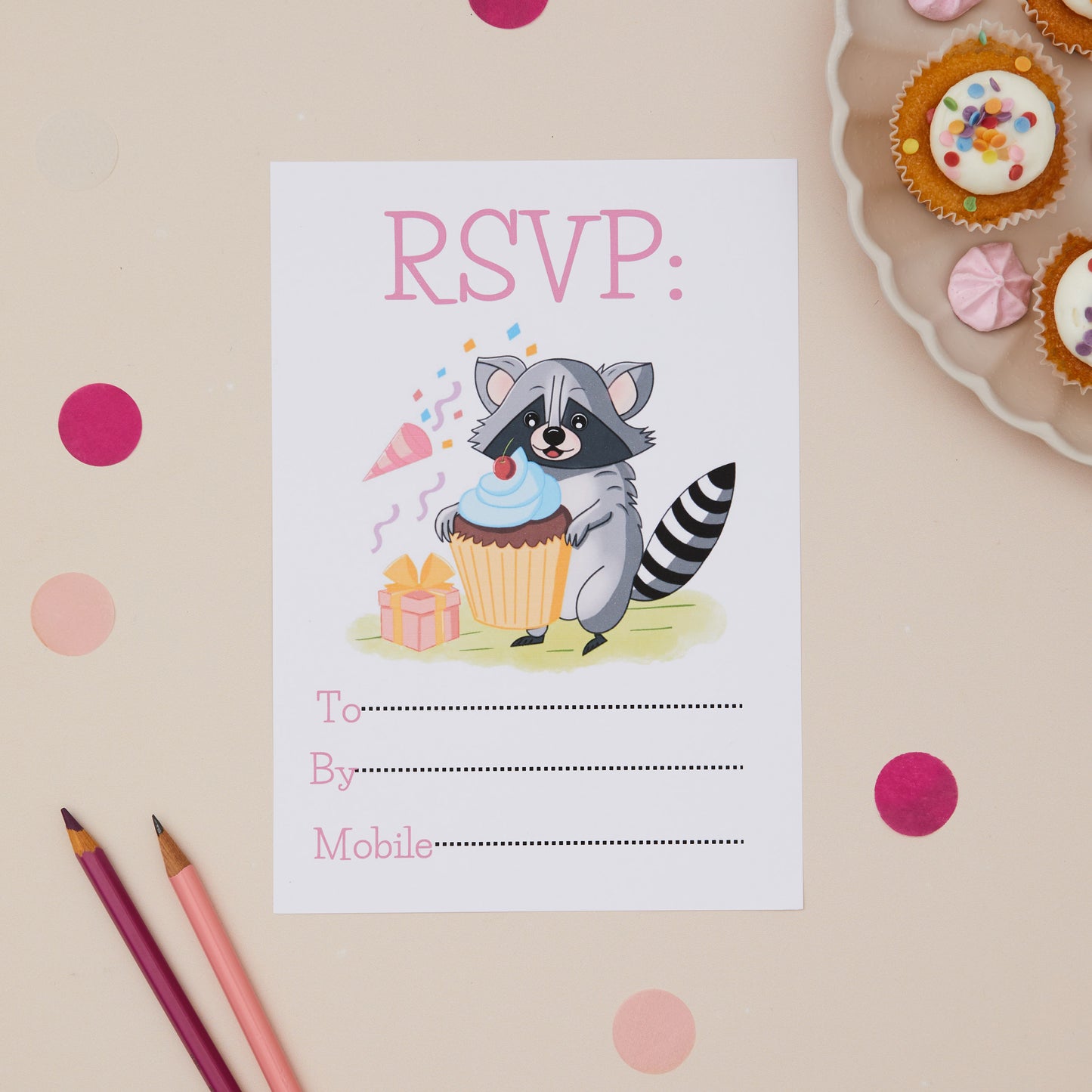 Party Racoon Childrens ready to write birthday invites RSVP. Invitation card with a raccoon holding a cupcake, surrounded by pink and purple decorations on a beige background.