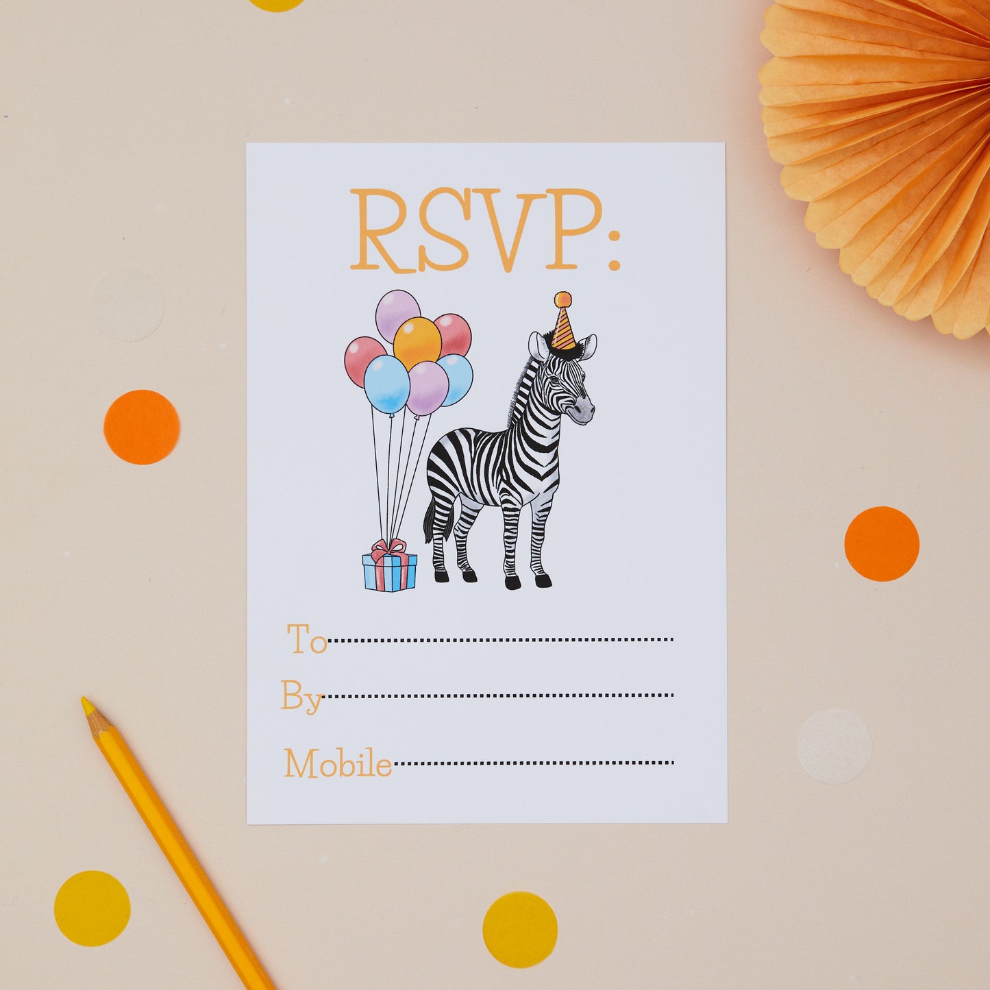 Party Zebras Childrens ready to write birthday invites RSVP. RSVP card with a zebra holding balloons on a beige background