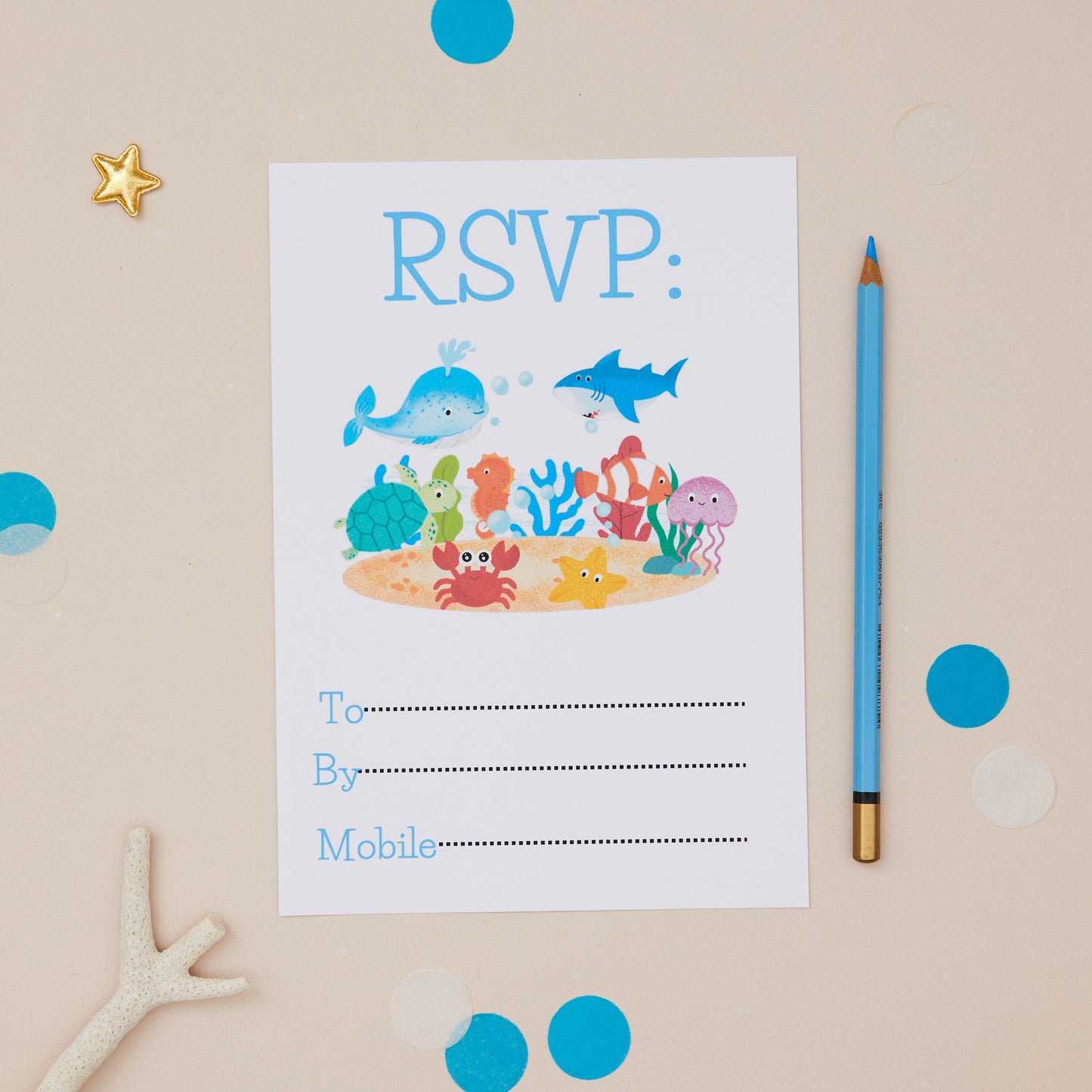 Children's party RSVP with a sealife theme, featuring illustrations of various sea creatures such as a crab, seahorse, and dolphin. 