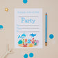 A set of children's party invitations with a sealife theme, featuring illustrations of various sea creatures such as a crab, seahorse, and dolphin. The invitation is printed on high-quality 250gsm card stock and includes a blue pencil and some decorative stars on a pale background.