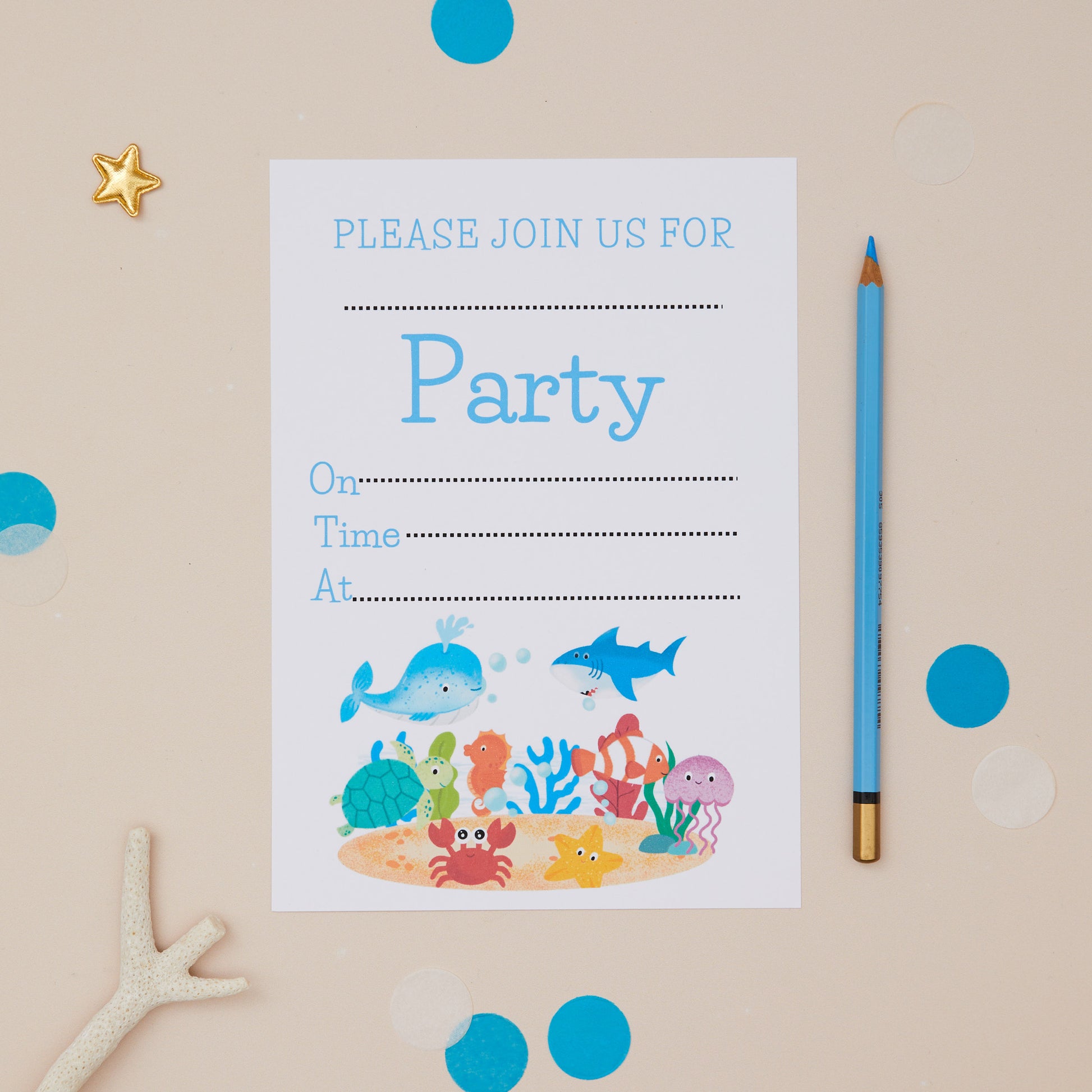 A set of children's party invitations with a sealife theme, featuring illustrations of various sea creatures such as a crab, seahorse, and dolphin. The invitation is printed on high-quality 250gsm card stock and includes a blue pencil and some decorative stars on a pale background.