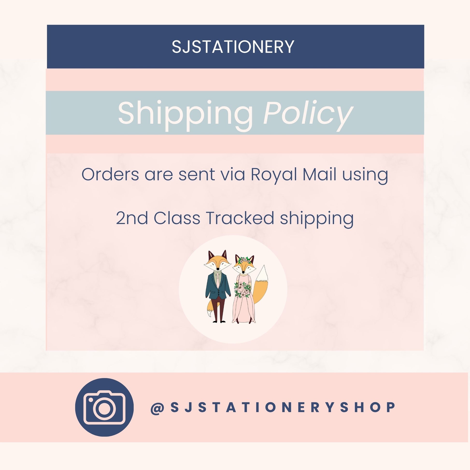 2nd Class tracked Shipping policy information for SJStationery with a couple illustration and contact details.