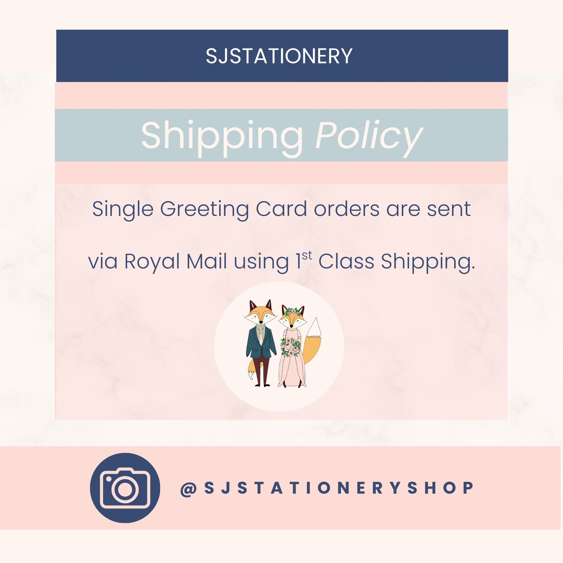 SJStationery first class shipping policy card with illustration of a couple and text about shipping methods.