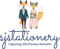 Logo of Sjstationery, featuring Mr & Mrs Fox dressed for a wedding.  Underneath the fox couple there is the words Sjstationery - capturing life's precious moments