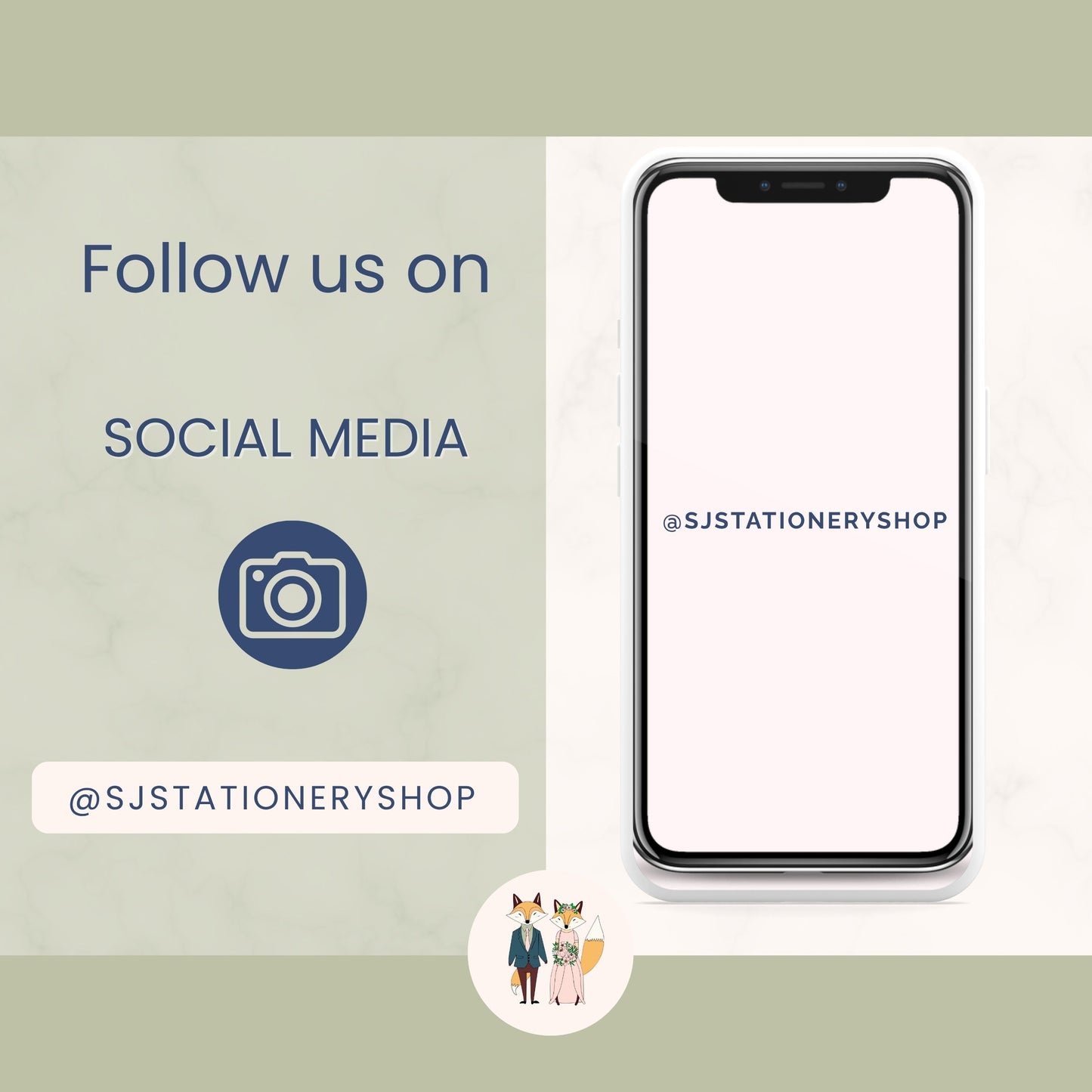 Phone with SJ Stationery Shop social media handles on a light green background