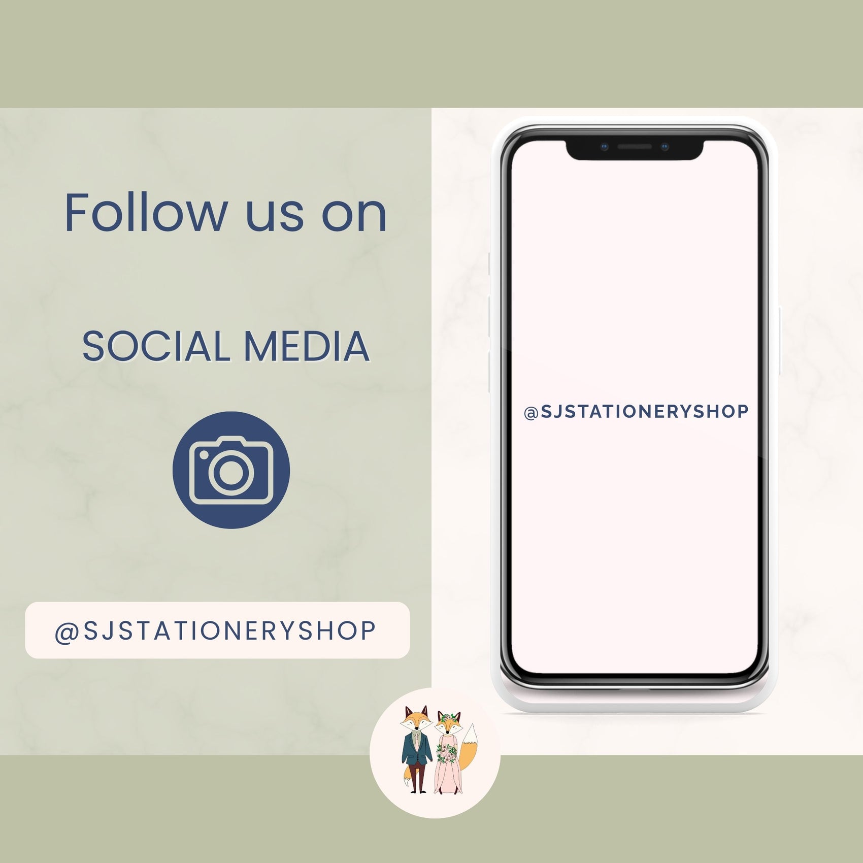 Phone with SJ Stationery Shop social media handles on a light green background