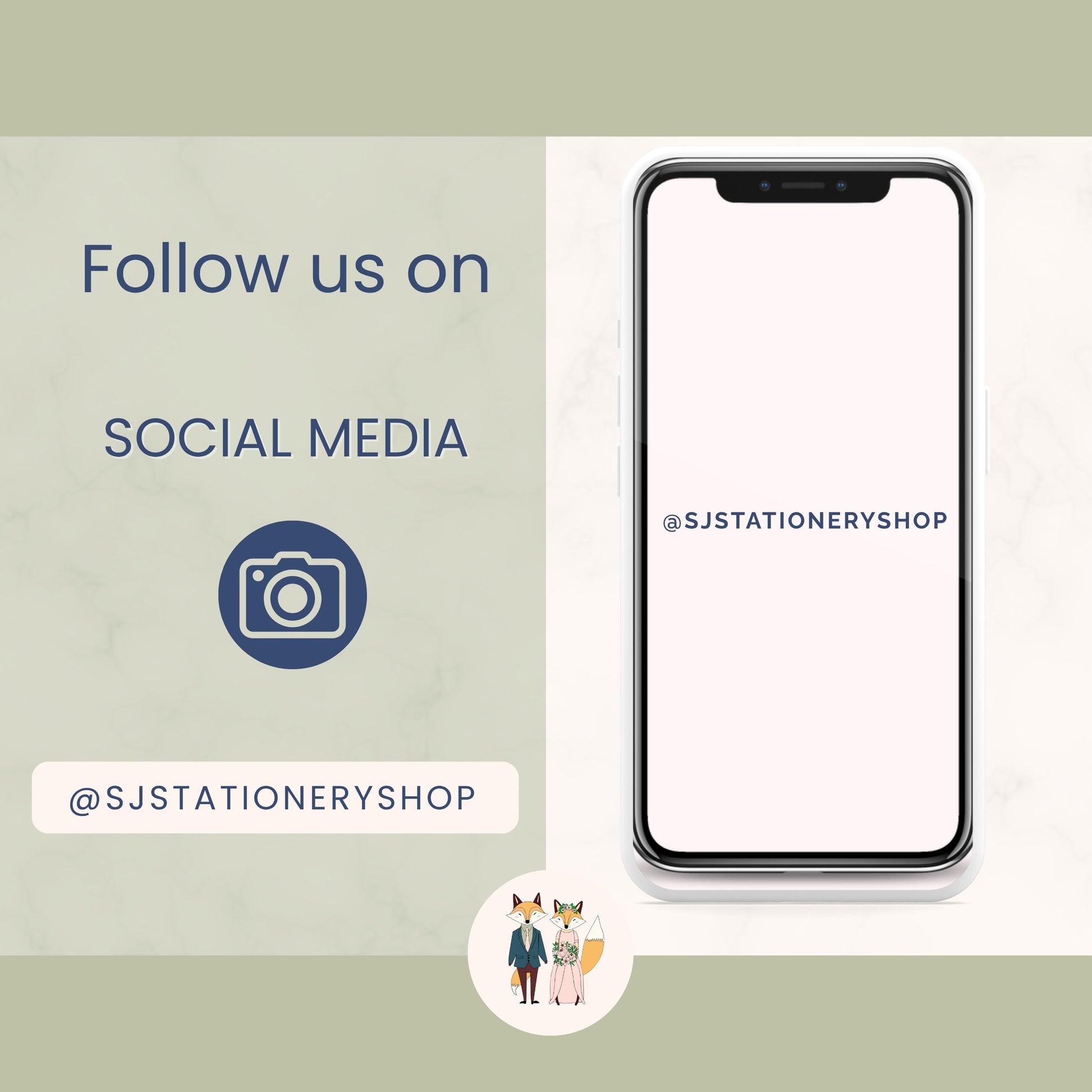 Phone with SJ Stationery Shop social media handles on a light green background