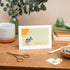 A thank you greeting card with a zebra design and a sun illustration. The text on the card says "thank you". The Card is placed on a wooden table with a cup, scissors, and other stationery items in the background.
