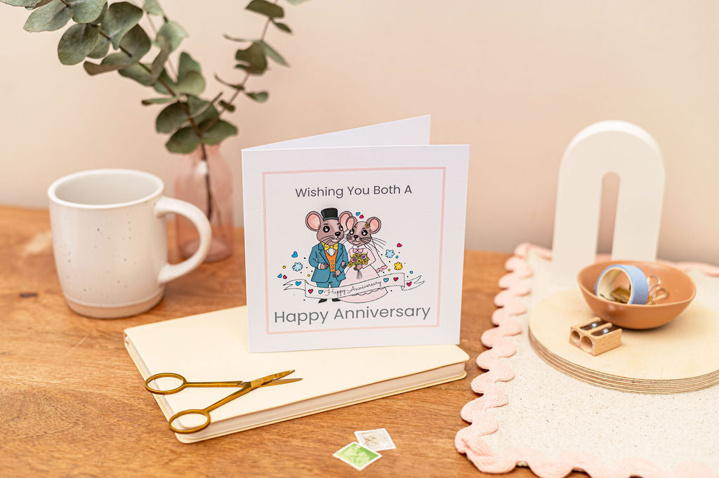 Happy Anniversary Card - Whimsical Mr & Mrs Mouse Card featuring a cartoon mr and mrs mouse dressed for their wedding day