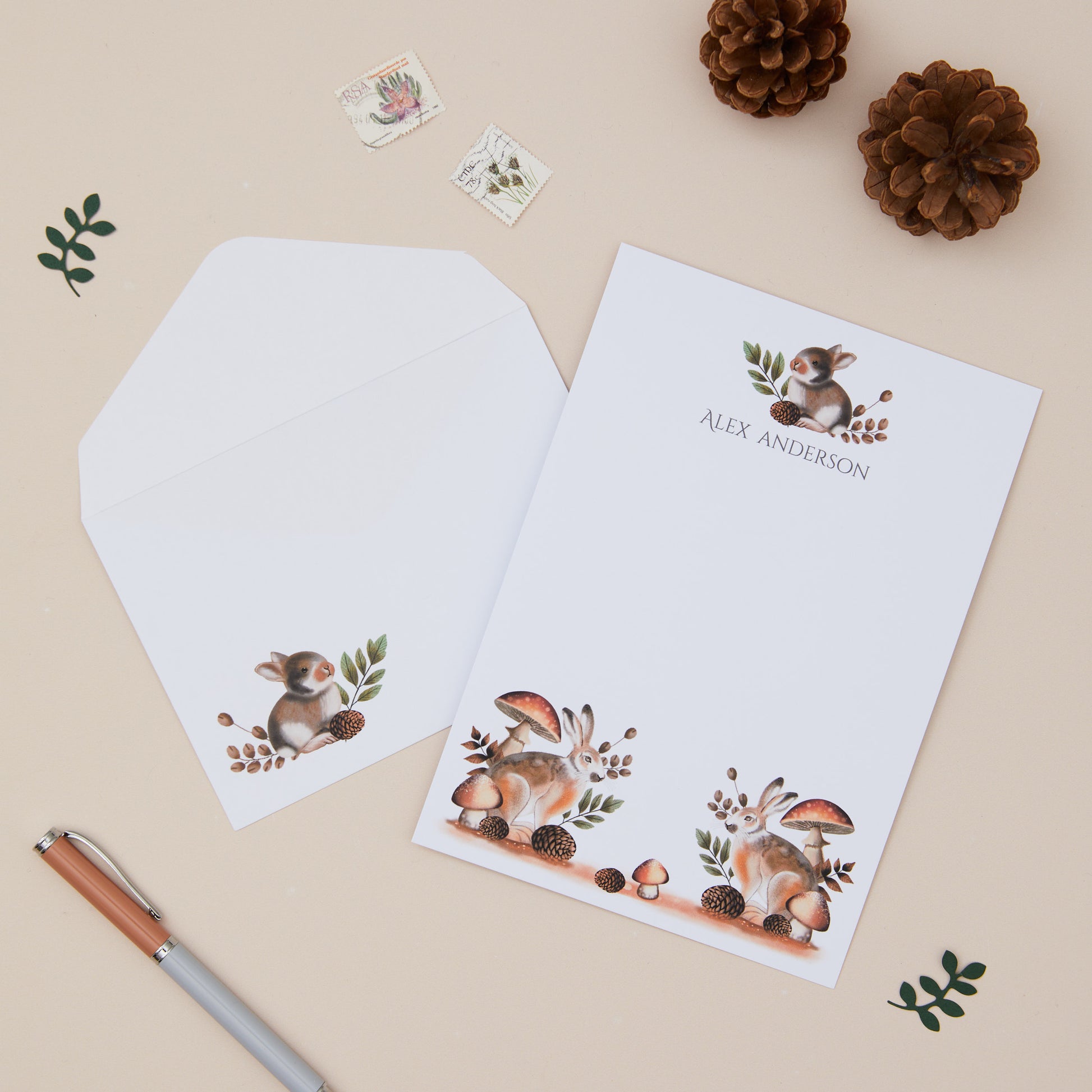 Woodland Rabbits Letter Writing Set with woodland cones, and woodland elements on a beige background.
