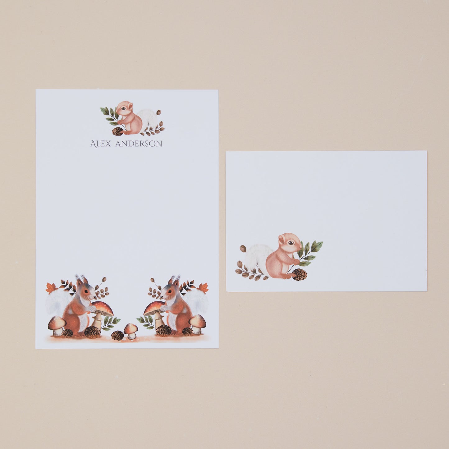 Woodland Squirrel Letter Writing Set With Envelopes on a beige background 